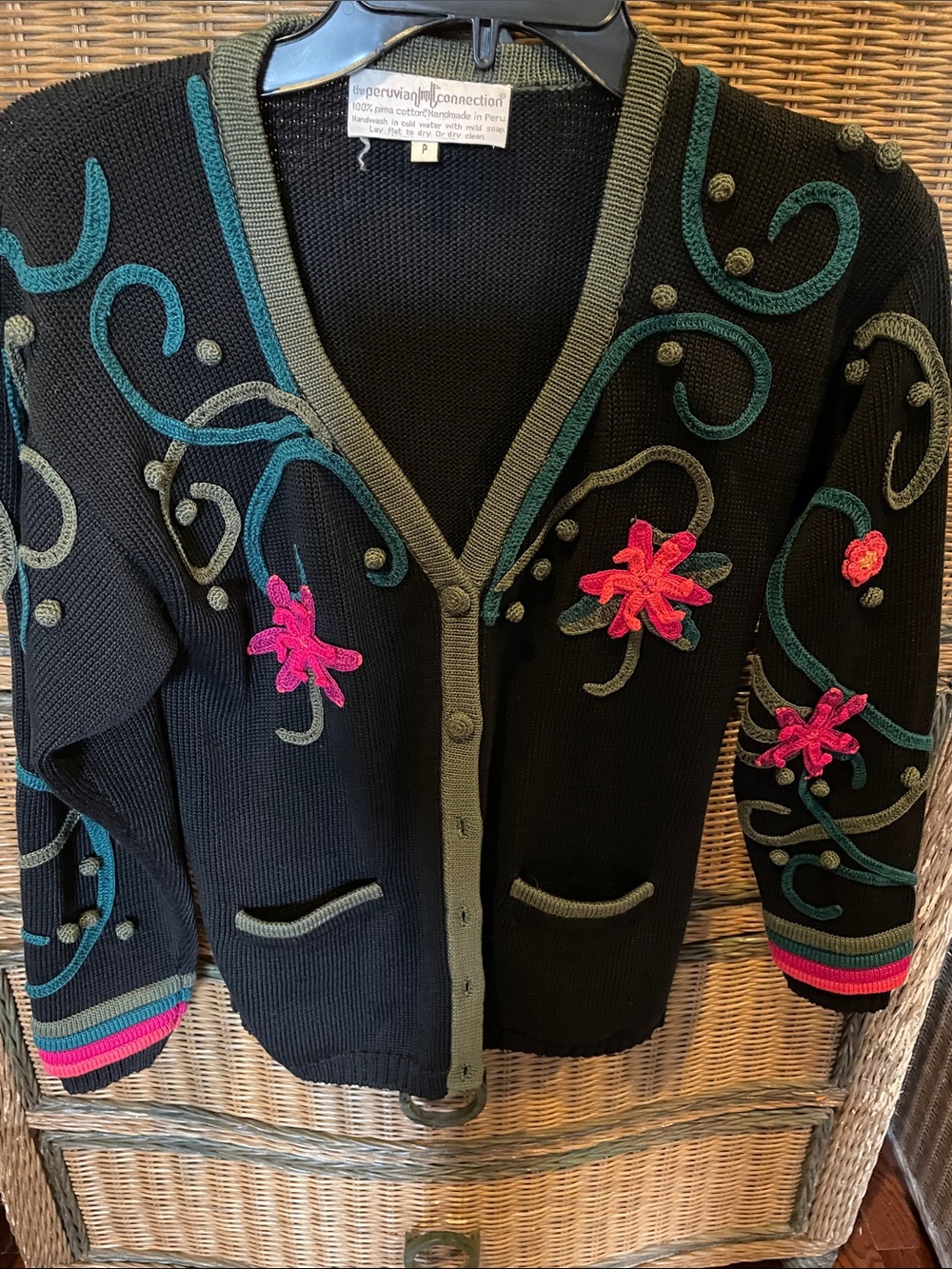 Peruvian Connection Black Cardigan with Pink Floral Embroidery and Green Trim